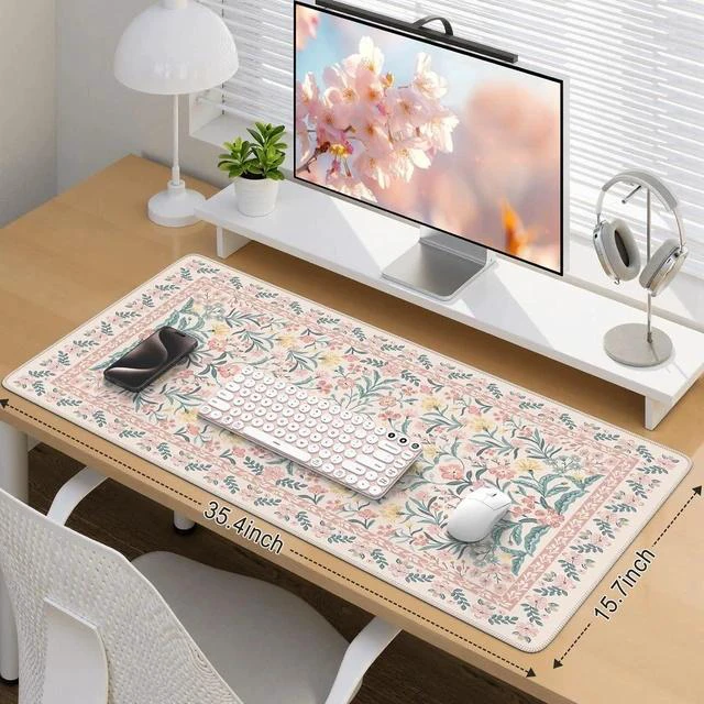 Alt view image 2 of 7 - Pink Floral Desk Mat Desk Pad XXL Large Mouse Pad Anti-Slip Big Mousepad with Stitched Edges Computer Mouse Pads for Desktop for Women(Pink)