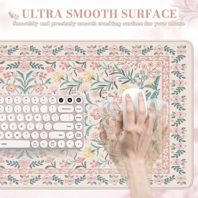 Alt view image 3 of 7 - Pink Floral Desk Mat Desk Pad XXL Large Mouse Pad Anti-Slip Big Mousepad with Stitched Edges Computer Mouse Pads for Desktop for Women(Pink)
