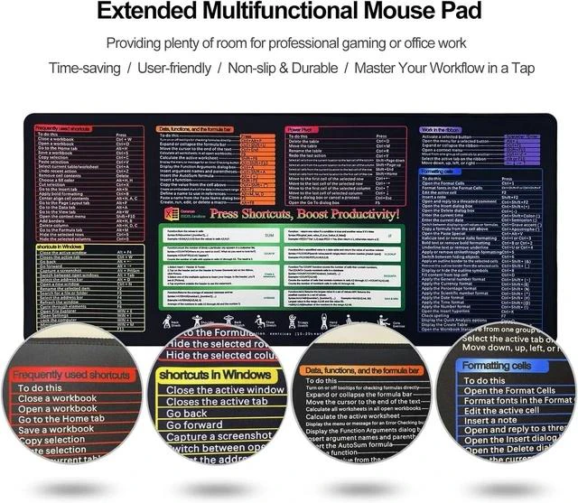 Alt view image 2 of 7 - Efficiency Boost Excel Shortcut Keys Mouse Pad - Quick Reference Guide XXL Mouse Pad for Keyboard Shortcuts-90x40 Excelcut