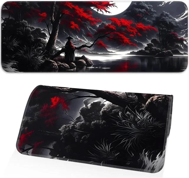 Main image of Japanese Dark Red Moon Gaming Mouse Pad Extended Mouse Pad with Non-Slip Base Full Keyboard Pad with Stitched Edges Large Desk Pad for Gaming Office Home 31.5 x 11.8 Inch