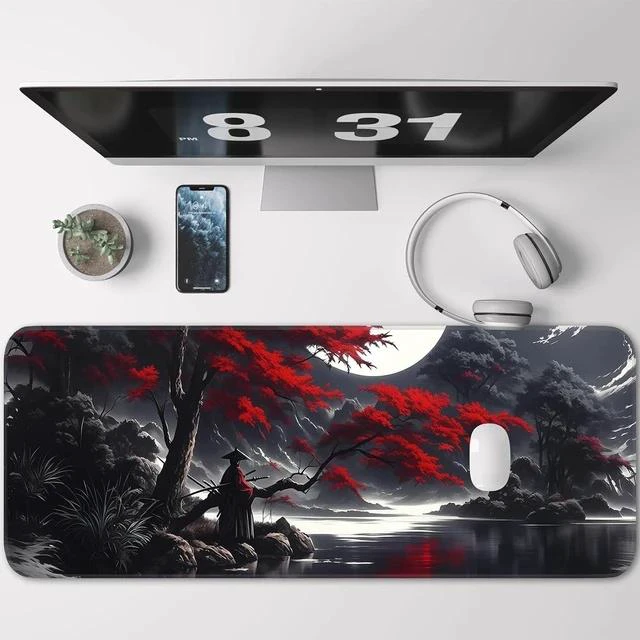 Alt view image 2 of 7 - Japanese Dark Red Moon Gaming Mouse Pad Extended Mouse Pad with Non-Slip Base Full Keyboard Pad with Stitched Edges Large Desk Pad for Gaming Office Home 31.5 x 11.8 Inch