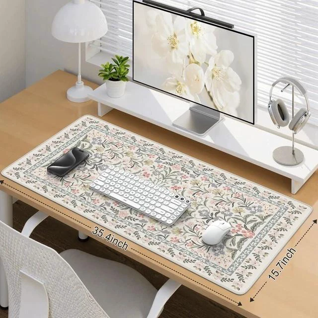 Alt view image 2 of 7 - Desk Matt for Desktop Cute Desk Pad Mat XXL Large Mouse Pad Anti-Slip Big Mousepad with Stitched Edges Keyboard Pad for Computer(Gray Floral)
