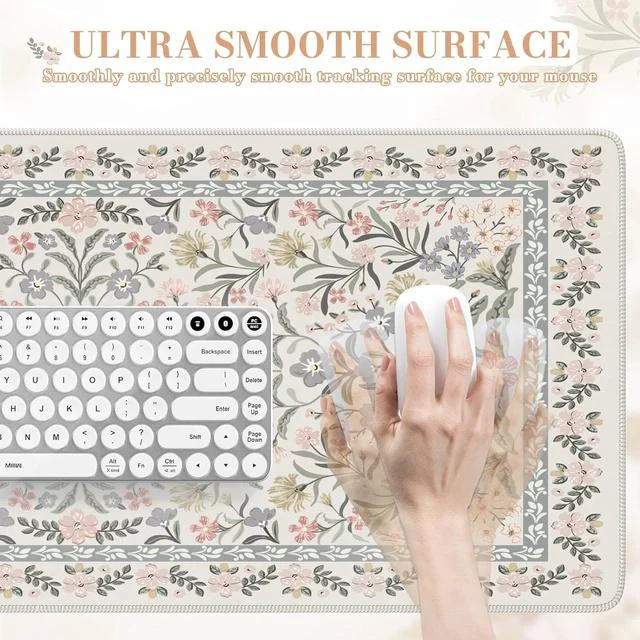 Alt view image 3 of 7 - Desk Matt for Desktop Cute Desk Pad Mat XXL Large Mouse Pad Anti-Slip Big Mousepad with Stitched Edges Keyboard Pad for Computer(Gray Floral)