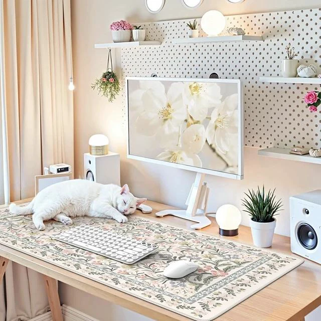 Alt view image 7 of 7 - Desk Matt for Desktop Cute Desk Pad Mat XXL Large Mouse Pad Anti-Slip Big Mousepad with Stitched Edges Keyboard Pad for Computer(Gray Floral)