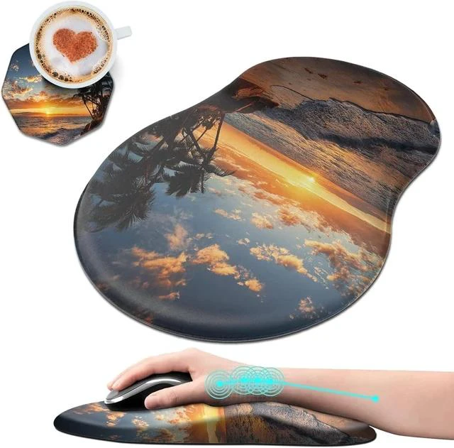 Main image of Ergonomic Mouse Pad with Wrist Rest Support + Cup Coasters Thick Mousepad Relief Carpal Tunnel Pain Mouse Pad with Non-Slip PU Base Computer Mouse Pads for Wireless Mouse Sunset Beach