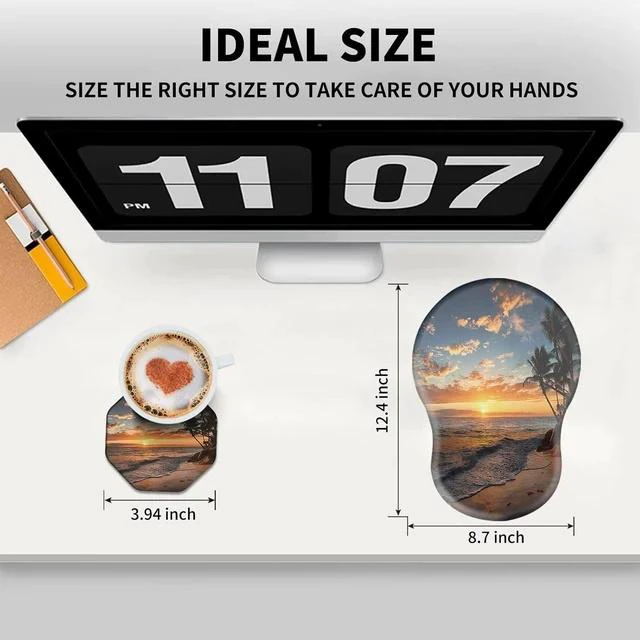 Alt view image 2 of 7 - Ergonomic Mouse Pad with Wrist Rest Support + Cup Coasters Thick Mousepad Relief Carpal Tunnel Pain Mouse Pad with Non-Slip PU Base Computer Mouse Pads for Wireless Mouse Sunset Beach