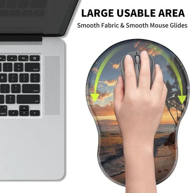 Alt view image 4 of 7 - Ergonomic Mouse Pad with Wrist Rest Support + Cup Coasters Thick Mousepad Relief Carpal Tunnel Pain Mouse Pad with Non-Slip PU Base Computer Mouse Pads for Wireless Mouse Sunset Beach