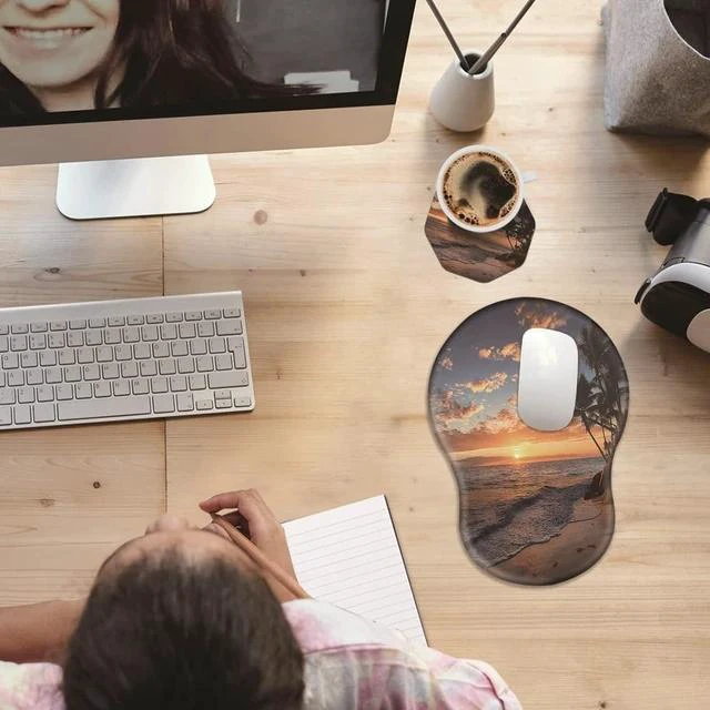 Alt view image 5 of 7 - Ergonomic Mouse Pad with Wrist Rest Support + Cup Coasters Thick Mousepad Relief Carpal Tunnel Pain Mouse Pad with Non-Slip PU Base Computer Mouse Pads for Wireless Mouse Sunset Beach