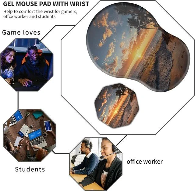 Alt view image 7 of 7 - Ergonomic Mouse Pad with Wrist Rest Support + Cup Coasters Thick Mousepad Relief Carpal Tunnel Pain Mouse Pad with Non-Slip PU Base Computer Mouse Pads for Wireless Mouse Sunset Beach
