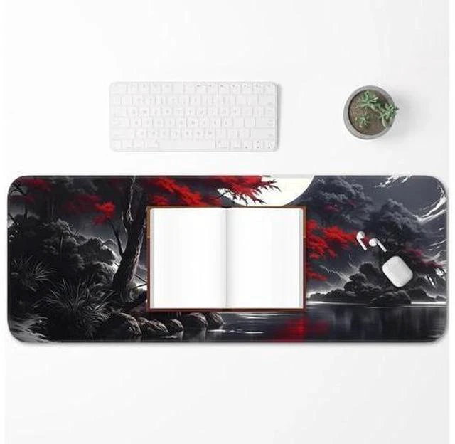Alt view image 6 of 7 - Japanese Dark Red Moon Gaming Mouse Pad Extended Mouse Pad with Non-Slip Base Full Keyboard Pad with Stitched Edges Large Desk Pad for Gaming Office Home 31.5 x 11.8 Inch