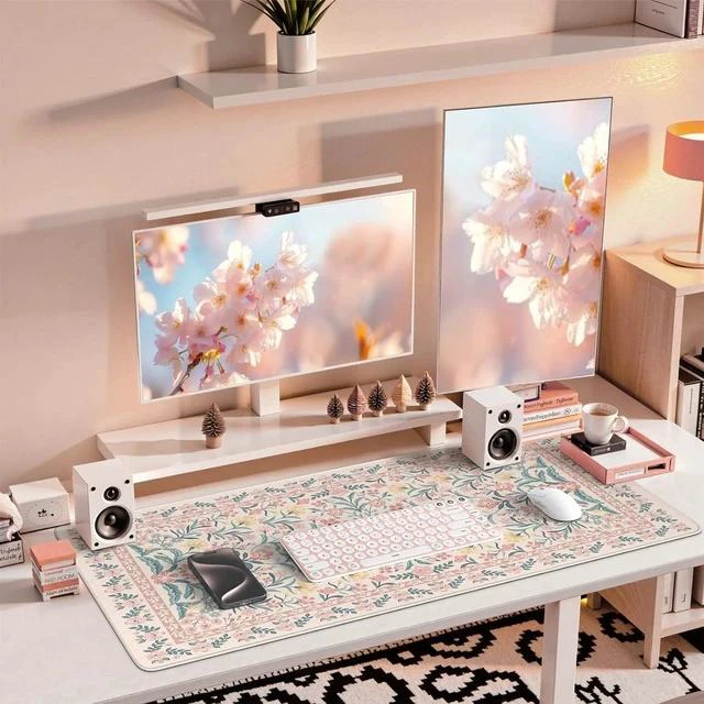 Alt view image 6 of 7 - Pink Floral Desk Mat Desk Pad XXL Large Mouse Pad Anti-Slip Big Mousepad with Stitched Edges Computer Mouse Pads for Desktop for Women(Pink)