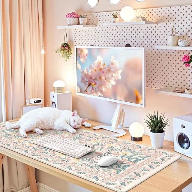 Alt view image 7 of 7 - Pink Floral Desk Mat Desk Pad XXL Large Mouse Pad Anti-Slip Big Mousepad with Stitched Edges Computer Mouse Pads for Desktop for Women(Pink)