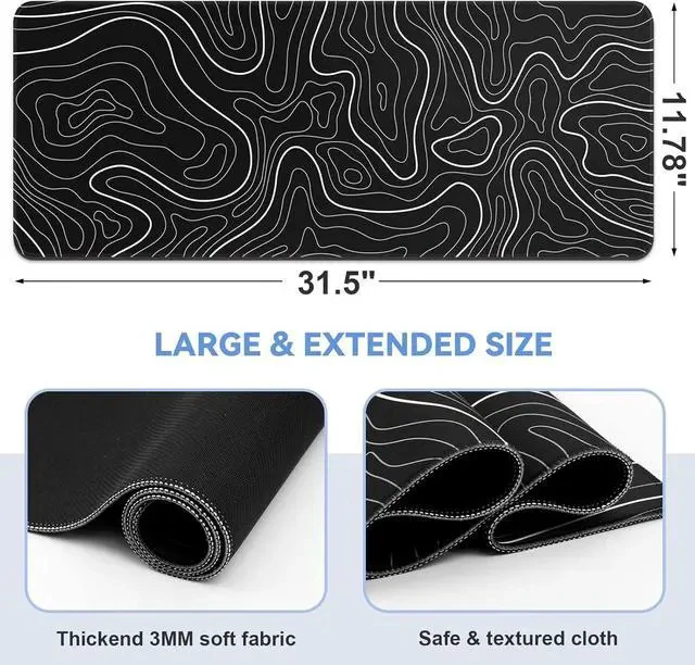 Alt view image 2 of 7 - Mouse Pad Gaming Mousepad 31.5 x 11.8in Large Mouse Pad for Keyboard and Mouse with Anti-Slip Rubber Base Keyboard Pad XL Mouse Mat for Home and OfficeBlack with White Topographic Line