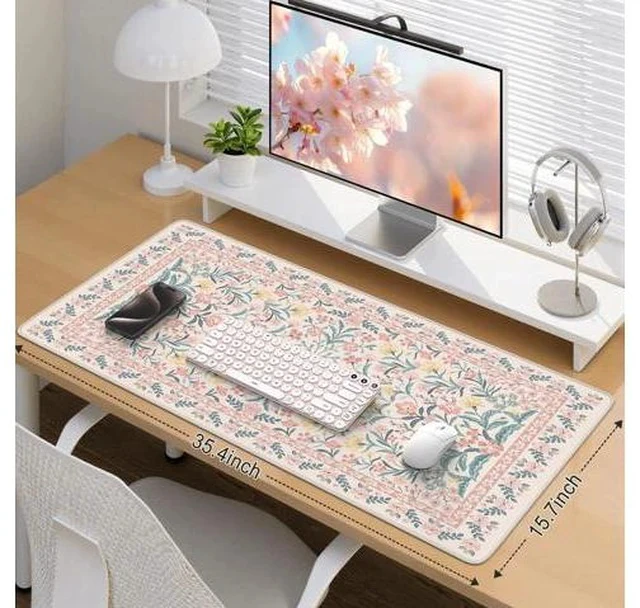 Alt view image 2 of 7 - Pink Floral Desk Mat Desk Pad XXL Large Mouse Pad Anti-Slip Big Mousepad with Stitched Edges Computer Mouse Pads for Desktop for Women(Pink)