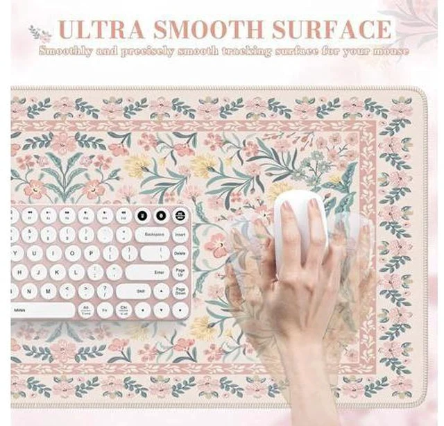 Alt view image 3 of 7 - Pink Floral Desk Mat Desk Pad XXL Large Mouse Pad Anti-Slip Big Mousepad with Stitched Edges Computer Mouse Pads for Desktop for Women(Pink)