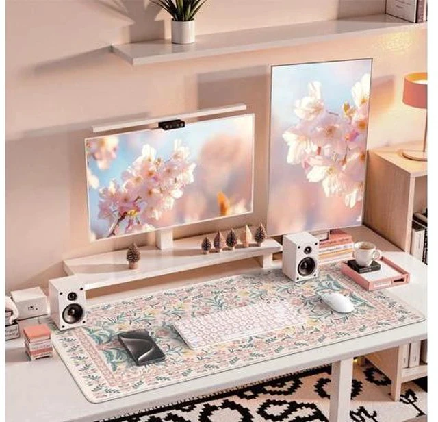 Alt view image 6 of 7 - Pink Floral Desk Mat Desk Pad XXL Large Mouse Pad Anti-Slip Big Mousepad with Stitched Edges Computer Mouse Pads for Desktop for Women(Pink)
