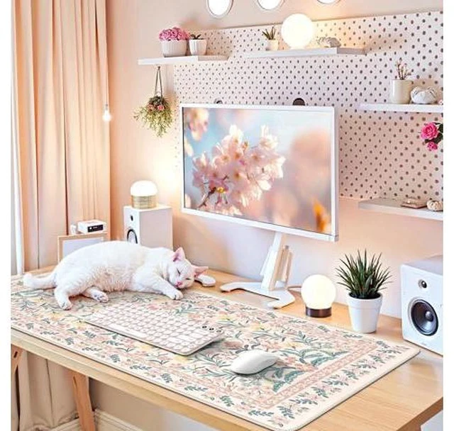 Alt view image 7 of 7 - Pink Floral Desk Mat Desk Pad XXL Large Mouse Pad Anti-Slip Big Mousepad with Stitched Edges Computer Mouse Pads for Desktop for Women(Pink)
