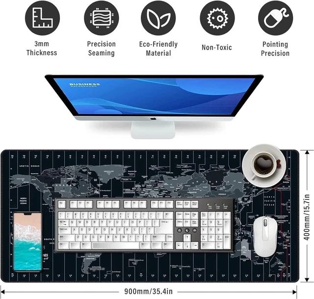 Alt view image 2 of 6 - Large Mouse Pad 35.4x15.7 Inch World Map - XXL Gaming Desk Mat with Non-Slip Rubber Base Stitched Edges | Keyboard and Mouse Pad for Gaming/Office | Portable Desk Pad