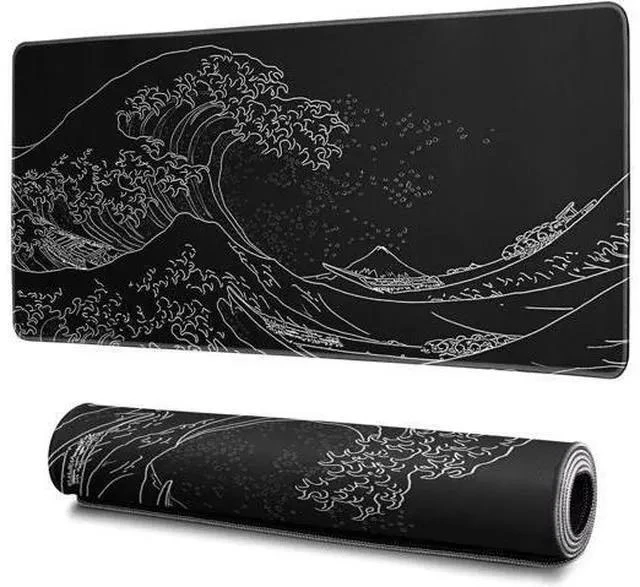 Main image of Japanese Gaming Mouse Pad Abstract Black Mouse Pad 31.5x11.8 Inch Black Sea Wave Texture Non-Slip Rubber Base Large Ocean Mousepad Stitched Edges Keyboard Mouse Mat Desk Pad for Office and Home