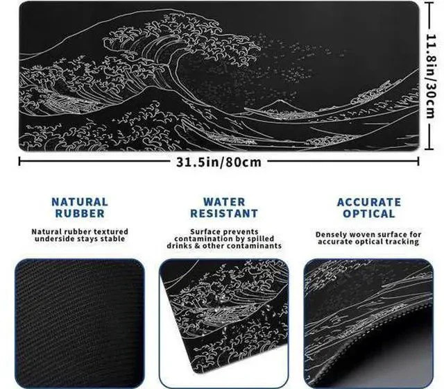 Alt view image 2 of 7 - Japanese Gaming Mouse Pad Abstract Black Mouse Pad 31.5x11.8 Inch Black Sea Wave Texture Non-Slip Rubber Base Large Ocean Mousepad Stitched Edges Keyboard Mouse Mat Desk Pad for Office and Home