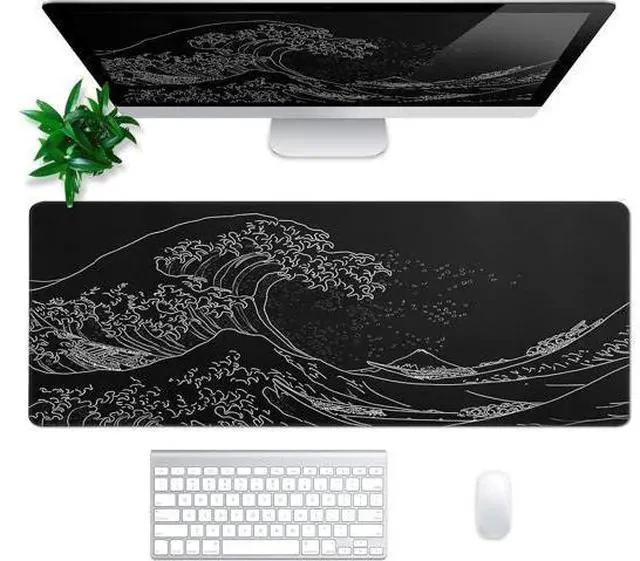 Alt view image 3 of 7 - Japanese Gaming Mouse Pad Abstract Black Mouse Pad 31.5x11.8 Inch Black Sea Wave Texture Non-Slip Rubber Base Large Ocean Mousepad Stitched Edges Keyboard Mouse Mat Desk Pad for Office and Home