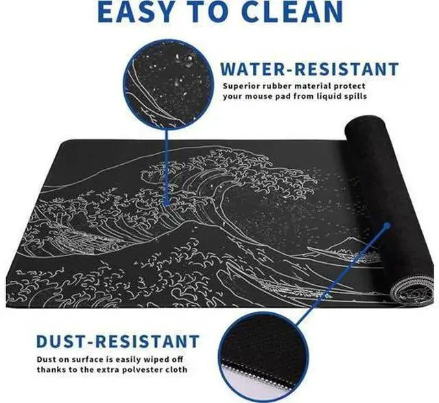 Alt view image 4 of 7 - Japanese Gaming Mouse Pad Abstract Black Mouse Pad 31.5x11.8 Inch Black Sea Wave Texture Non-Slip Rubber Base Large Ocean Mousepad Stitched Edges Keyboard Mouse Mat Desk Pad for Office and Home