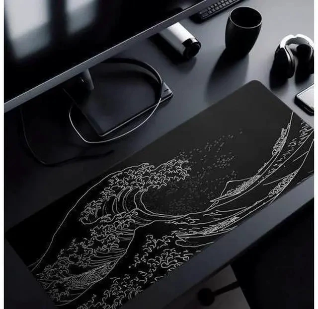 Alt view image 6 of 7 - Japanese Gaming Mouse Pad Abstract Black Mouse Pad 31.5x11.8 Inch Black Sea Wave Texture Non-Slip Rubber Base Large Ocean Mousepad Stitched Edges Keyboard Mouse Mat Desk Pad for Office and Home