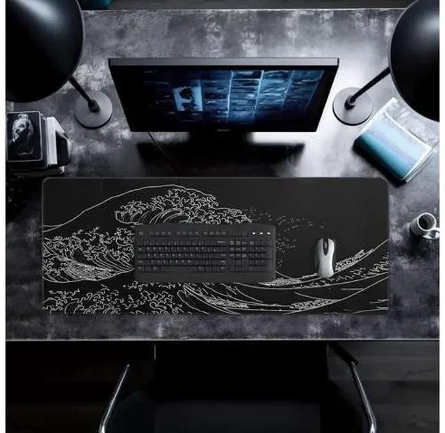 Alt view image 7 of 7 - Japanese Gaming Mouse Pad Abstract Black Mouse Pad 31.5x11.8 Inch Black Sea Wave Texture Non-Slip Rubber Base Large Ocean Mousepad Stitched Edges Keyboard Mouse Mat Desk Pad for Office and Home