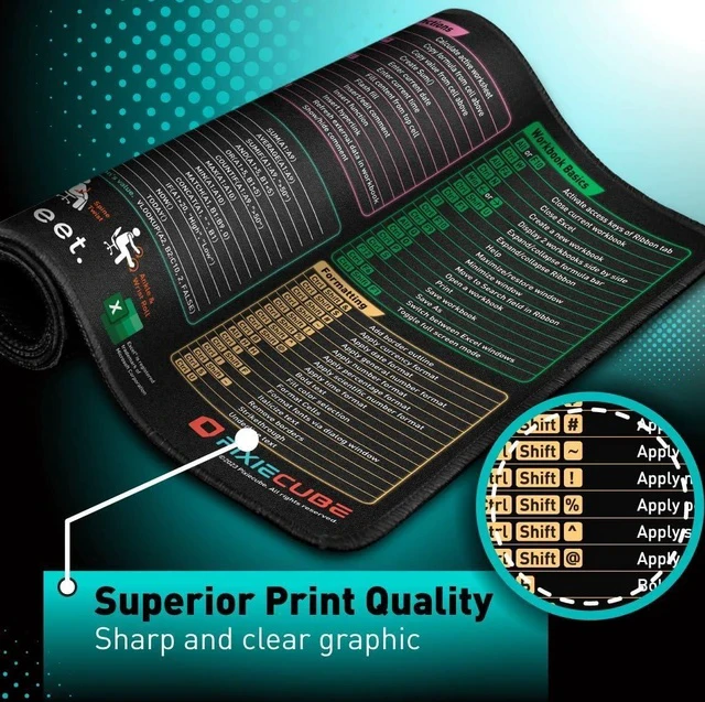 Alt view image 4 of 6 - Excel Shortcut Keys Mouse Pad - Extended Large XL Cheat Sheet Gaming Mousepad | PC Office Spreadsheet Keyboard Mat | Non-Slip Stitched Edge