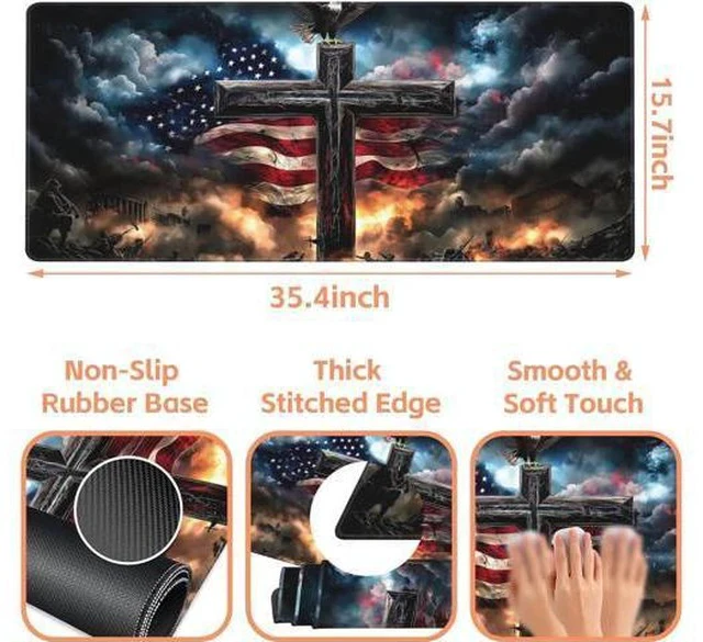 Alt view image 3 of 4 - Mouse Pad Large A Cross with an Eagle Non-Slip Game Desk Mat with Stitched Edge Laptop Keyboard Desk Pad for Work Home Gaming (35.4 x 15.7 Inches)