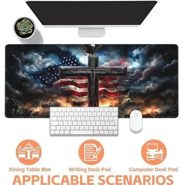 Alt view image 4 of 4 - Mouse Pad Large A Cross with an Eagle Non-Slip Game Desk Mat with Stitched Edge Laptop Keyboard Desk Pad for Work Home Gaming (35.4 x 15.7 Inches)
