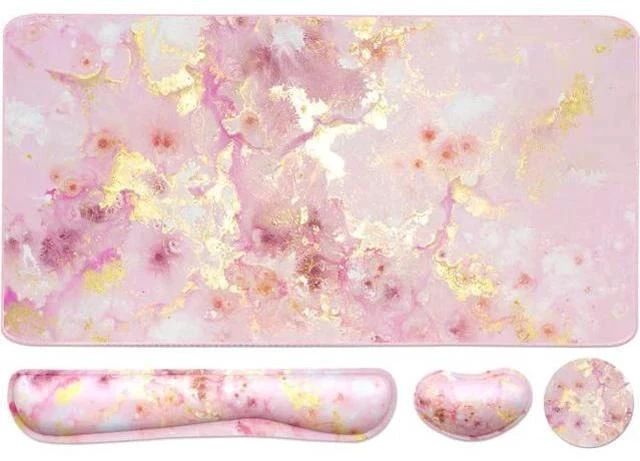 Main image of Keyboard Mouse Pad Set Extended Mouse Pad+Keyboard Wrist Rest Support Memory Foam Ergonomic Easy Typing 3Pcs (35.4×15.7 in) Desk Pad Set for Home Office Study Game- Pink Gold Marble