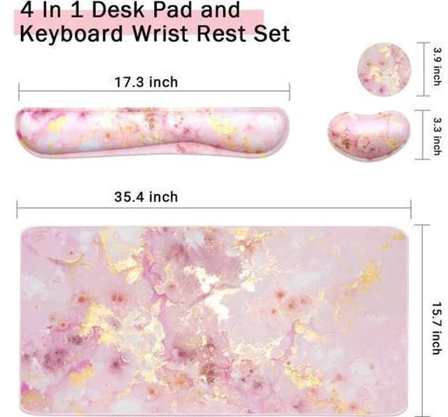 Alt view image 3 of 7 - Keyboard Mouse Pad Set Extended Mouse Pad+Keyboard Wrist Rest Support Memory Foam Ergonomic Easy Typing 3Pcs (35.4×15.7 in) Desk Pad Set for Home Office Study Game- Pink Gold Marble