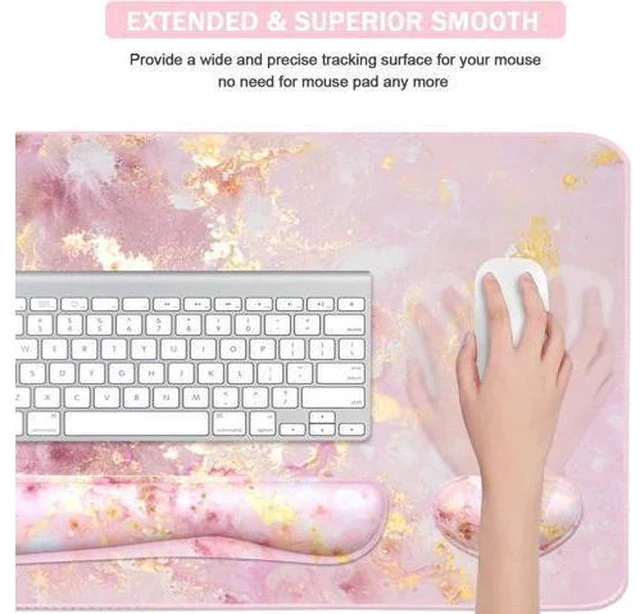 Alt view image 5 of 7 - Keyboard Mouse Pad Set Extended Mouse Pad+Keyboard Wrist Rest Support Memory Foam Ergonomic Easy Typing 3Pcs (35.4×15.7 in) Desk Pad Set for Home Office Study Game- Pink Gold Marble