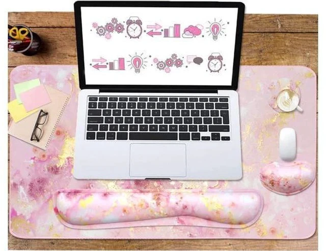 Alt view image 6 of 7 - Keyboard Mouse Pad Set Extended Mouse Pad+Keyboard Wrist Rest Support Memory Foam Ergonomic Easy Typing 3Pcs (35.4×15.7 in) Desk Pad Set for Home Office Study Game- Pink Gold Marble