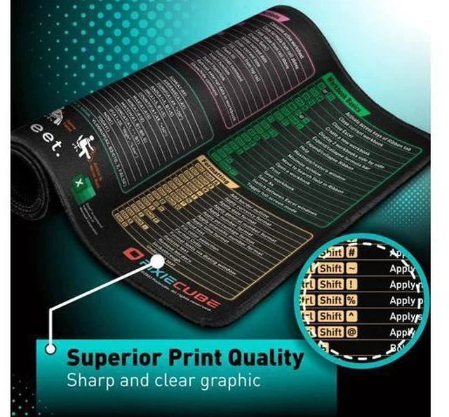 Alt view image 4 of 6 - Excel Shortcut Keys Mouse Pad - Extended Large XL Cheat Sheet Gaming Mousepad | PC Office Spreadsheet Keyboard Mat | Non-Slip Stitched Edge