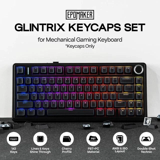 Main image of Glintrix PBT Shine Through Keycaps, Arris & Keys Backlit, Double Shot, Cherry Profile, 60/75/96/Full Size, Custom Keyboard Keycaps Set for Mechanical Gaming Keyboard (Black)
