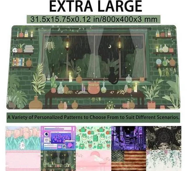 Alt view image 2 of 6 - Cute Rainy Night Desk Mat Green Plants Desk Pad Anime Black Cat Kawaii Large Gaming Mouse Pad Moonlight Fireflies Deskmat Aesthetic Mousepad XXL Laptop Keyboard Pad for Women Desk 31.5x15.75
