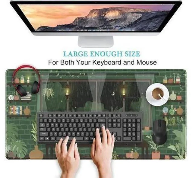 Alt view image 3 of 6 - Cute Rainy Night Desk Mat Green Plants Desk Pad Anime Black Cat Kawaii Large Gaming Mouse Pad Moonlight Fireflies Deskmat Aesthetic Mousepad XXL Laptop Keyboard Pad for Women Desk 31.5x15.75