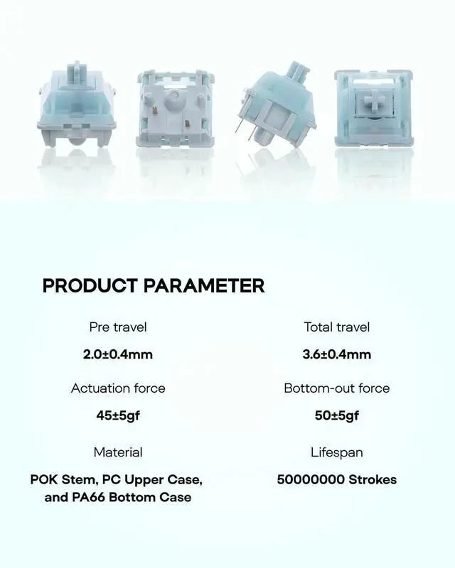 Alt view image 3 of 7 - Creamy Jade 45gf Gaming Keyboard Switches, 100 PCS Linear Switch, 5-Pin Pre-Lubed Switch, with PC/PA66 Case, POK Stem, Compatible with MX Keycaps for Mechanical Keyboard