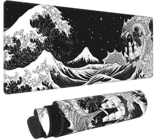 Main image of Black and White Japanese Waves Sea Dragon Gaming Mouse Pad XL, Extended Large Mouse Mat Desk Pad, Stitched Edges Mousepad, Long Non-Slip Rubber Base Mice Pad, 31.5 X 11.8 Inch