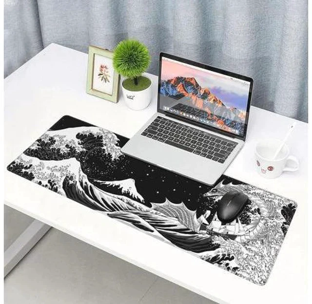 Alt view image 2 of 7 - Black and White Japanese Waves Sea Dragon Gaming Mouse Pad XL, Extended Large Mouse Mat Desk Pad, Stitched Edges Mousepad, Long Non-Slip Rubber Base Mice Pad, 31.5 X 11.8 Inch