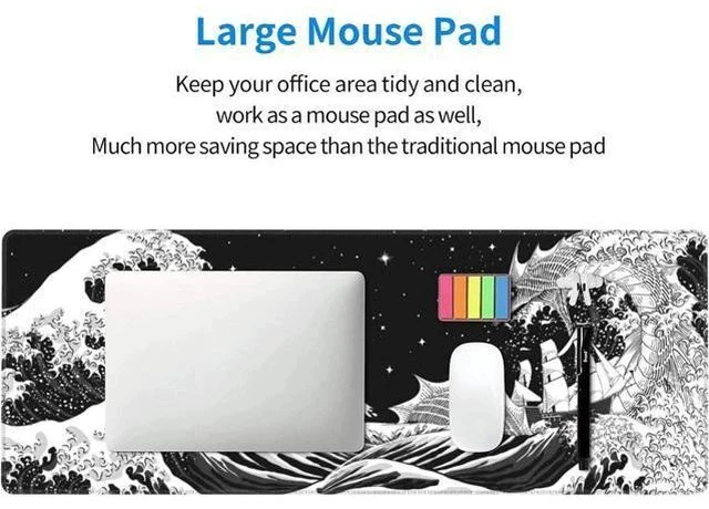 Alt view image 7 of 7 - Black and White Japanese Waves Sea Dragon Gaming Mouse Pad XL, Extended Large Mouse Mat Desk Pad, Stitched Edges Mousepad, Long Non-Slip Rubber Base Mice Pad, 31.5 X 11.8 Inch
