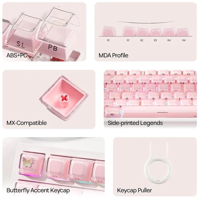Alt view image 3 of 7 - Lusterfly Jelly Keycaps Set - 123 Keys Double-Shot Laser Engraved, MDA Profile, ABS+PC, Non-Shine-Through, MX-Compatible for 61/68/84/87/98/100/104-Key Mechanical Keyboard (Pink)