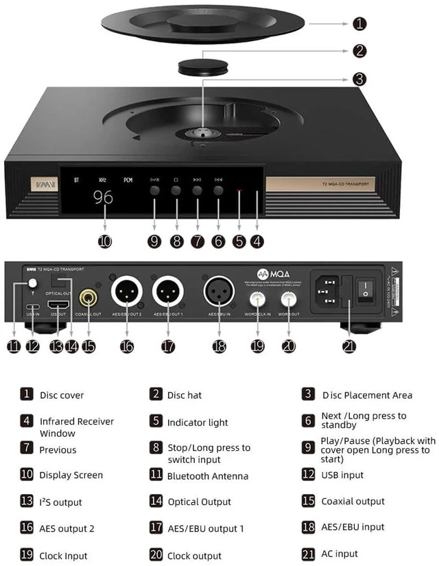 Alt view image 5 of 5 - V.M.V T2 MQA-CD Player Hi-Res USB DAC High-End Bluetooth Digital Signal Clock Re-Lay, Hi-End Class CD Program Flagship DAC, Clock Input and Output, 32bit/768kHz DSD512 with Remote Control