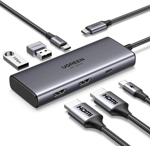 Main image of UGREEN Revodok 206 Docking Station Dual Monitor 6 in 1 USB C Dock Dual HDMI 4K@60Hz Single 8K@30Hz 100W PD 5Gbps USB C and USB A Data Ports USB C Hub for XPS, ThinkPad and More