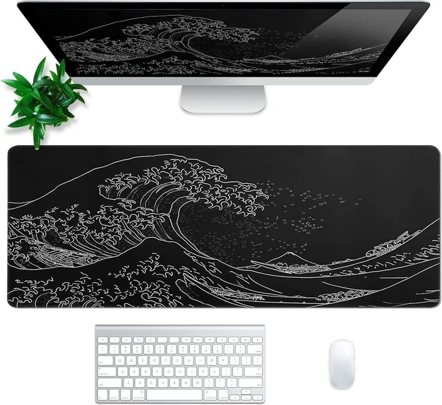 Alt view image 3 of 7 - Japanese Gaming Mouse Pad Abstract Black Mouse Pad 31.5x11.8 Inch Black Sea Wave Texture Non-Slip Rubber Base Large Ocean Mousepad Stitched Edges Keyboard Mouse Mat Desk Pad for Office and Home
