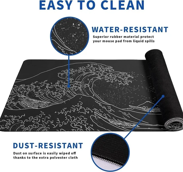 Alt view image 4 of 7 - Japanese Gaming Mouse Pad Abstract Black Mouse Pad 31.5x11.8 Inch Black Sea Wave Texture Non-Slip Rubber Base Large Ocean Mousepad Stitched Edges Keyboard Mouse Mat Desk Pad for Office and Home