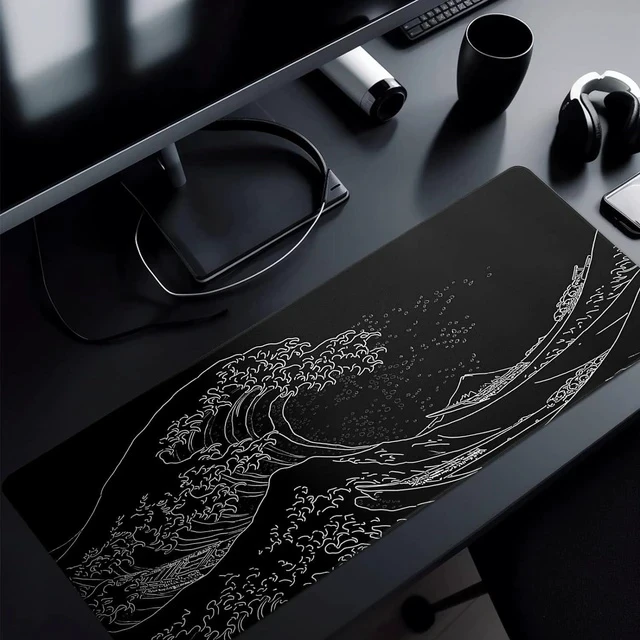 Alt view image 6 of 7 - Japanese Gaming Mouse Pad Abstract Black Mouse Pad 31.5x11.8 Inch Black Sea Wave Texture Non-Slip Rubber Base Large Ocean Mousepad Stitched Edges Keyboard Mouse Mat Desk Pad for Office and Home