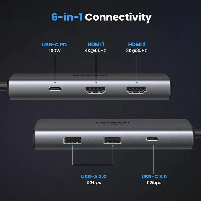 Alt view image 2 of 7 - UGREEN Revodok 206 Docking Station Dual Monitor 6 in 1 USB C Dock Dual HDMI 4K@60Hz Single 8K@30Hz 100W PD 5Gbps USB C and USB A Data Ports USB C Hub for XPS, ThinkPad and More